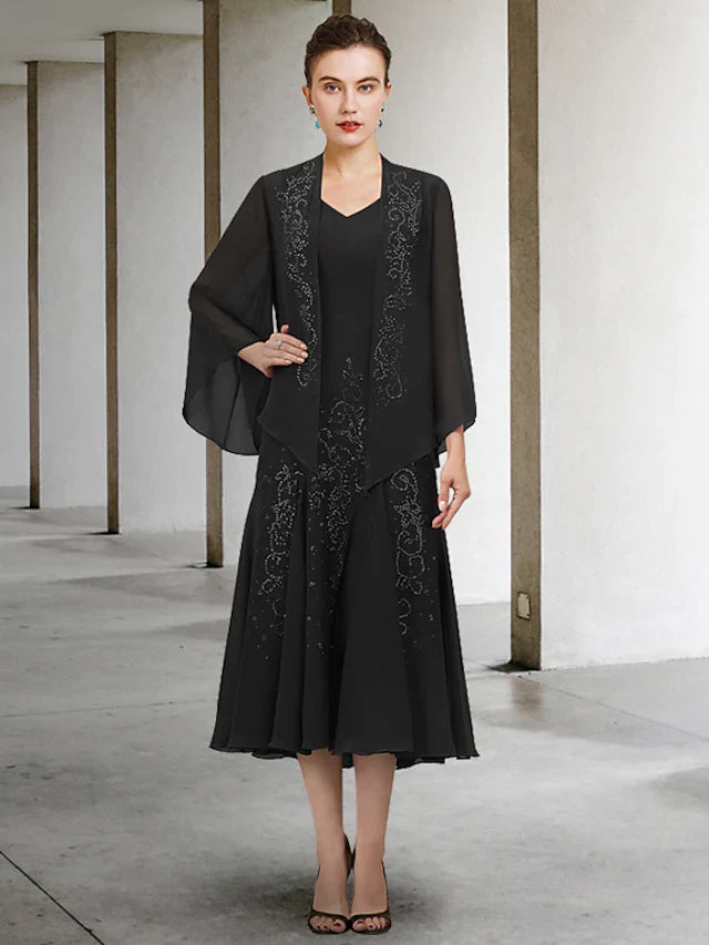 Wholesale Two Piece A-Line Mother of the Bride Dress Elegant V Neck Tea Length Chiffon Long Sleeve with Beading