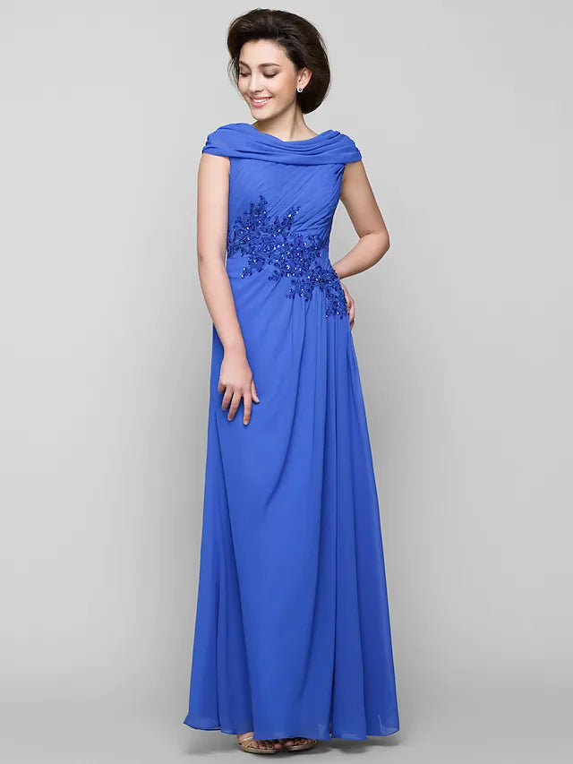 Wholesale A-Line Mother of the Bride Dress Elegant Cowl Neck Ankle Length Chiffon Sleeveless with Criss Cross Appliques