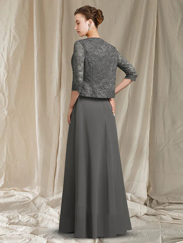 Wholesale Mother of the Bride Dress Elegant Wrap Included Square Neck Floor Length Chiffon Lace Sleeveless with Lace