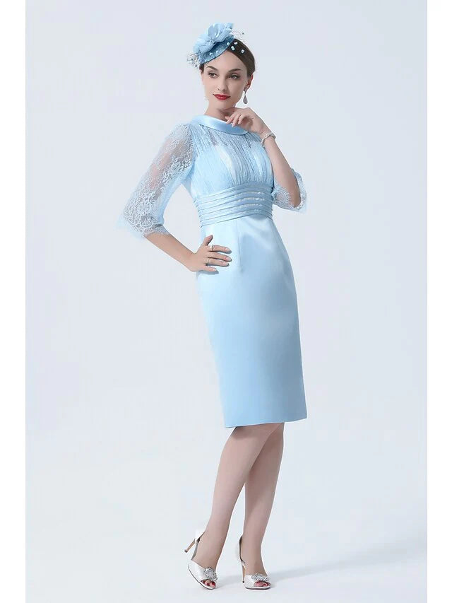 Wholesale Mother of the Bride Dress See Through Jewel Neck Knee Length Charmeuse Half Sleeve with Lace Sash Ribbon