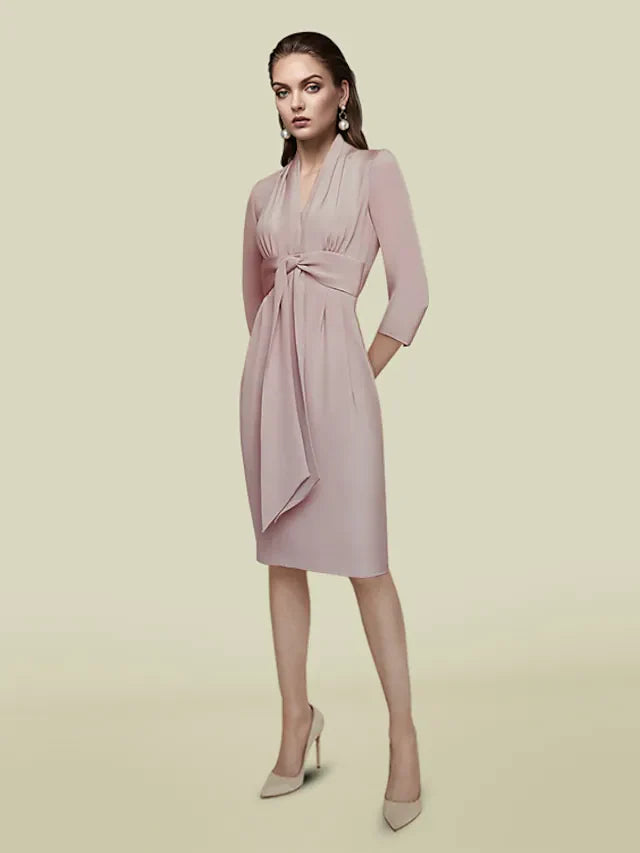 Wholesale Mother of the Bride Dress Elegant V Neck Knee Length Charmeuse Length Sleeve with Sash Ribbon Pleats