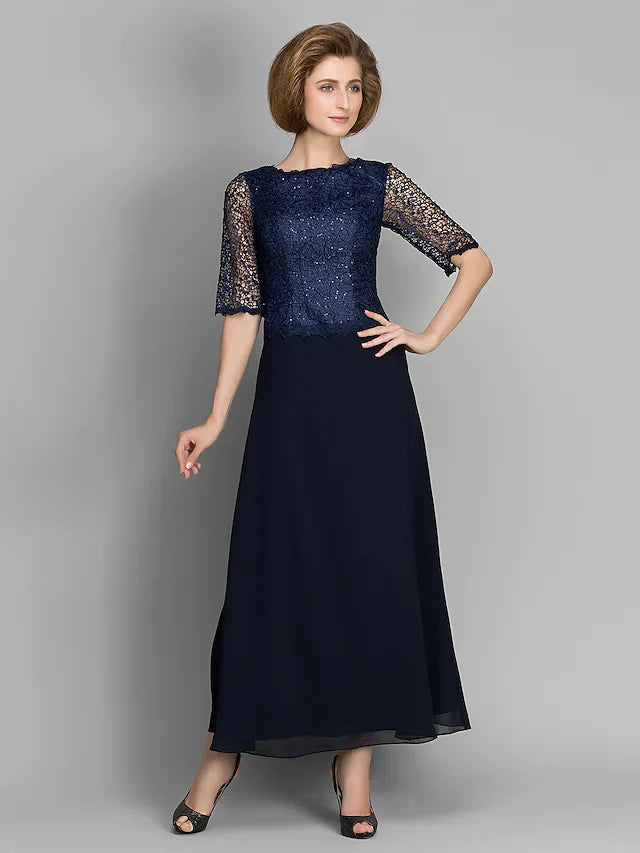Wholesale Mother of the Bride Dress See Through Jewel Neck Ankle Length Chiffon Half Sleeve with Lace Pleats