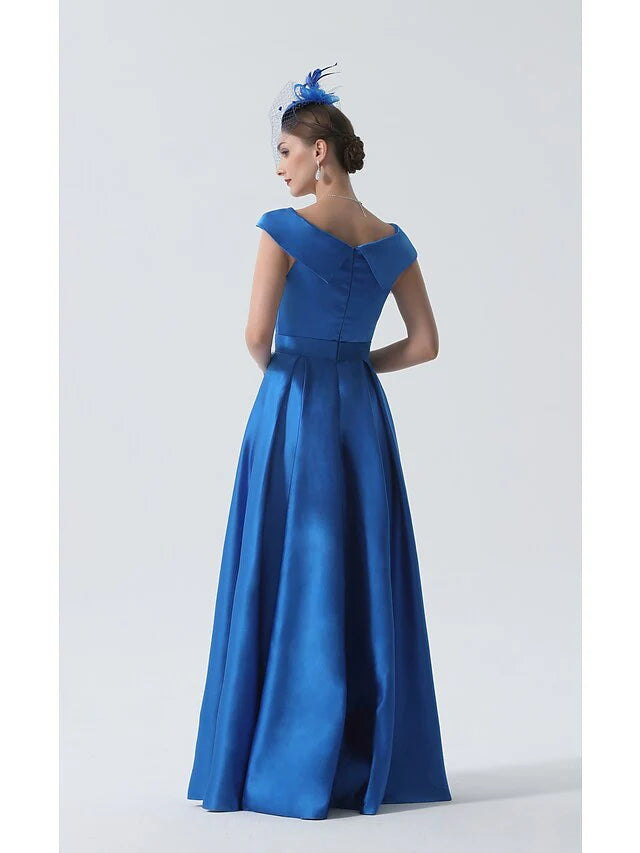 Wholesale A-Line Mother of the Bride Dress Elegant Off Shoulder Asymmetrical Satin Short Sleeve with Pleats