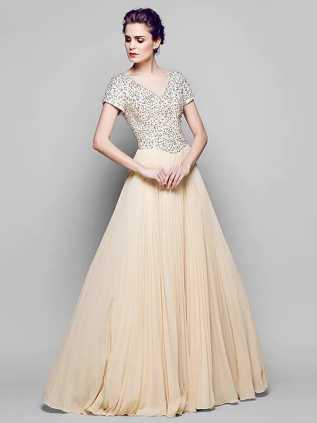 Wholesale A-Line Mother of the Bride Dress Sparkle & Shine Bateau Neck Floor Length Chiffon Tulle Sequined Short Sleeve with Sequin