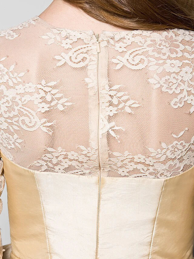 Wholesale Mother of the Bride Dress Vintage Inspired Jewel Neck Knee Length Lace Taffeta 3/4 Length Sleeve with Bow(s) Side Draping