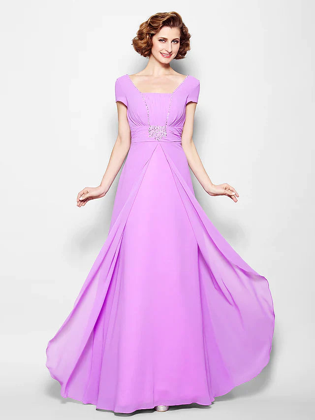 Wholesale A-Line Mother of the Bride Dress Lace Up Square Neck Floor Length Georgette Short Sleeve with Ruched Beading