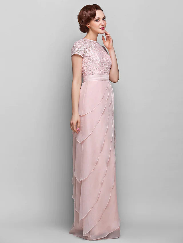 Wholesale Mother of the Bride Dress Jewel Neck Floor Length Chiffon Lace Short Sleeve with Lace Ruffles