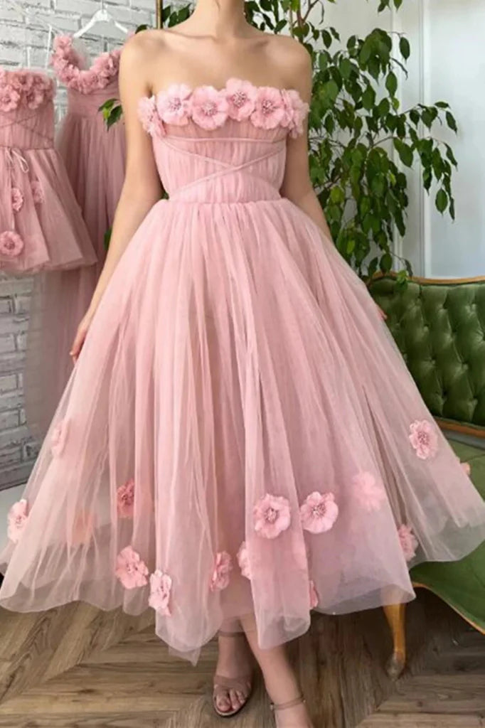 Wholesale A Line Tea Length Pink Floral Appliques Prom Dresses