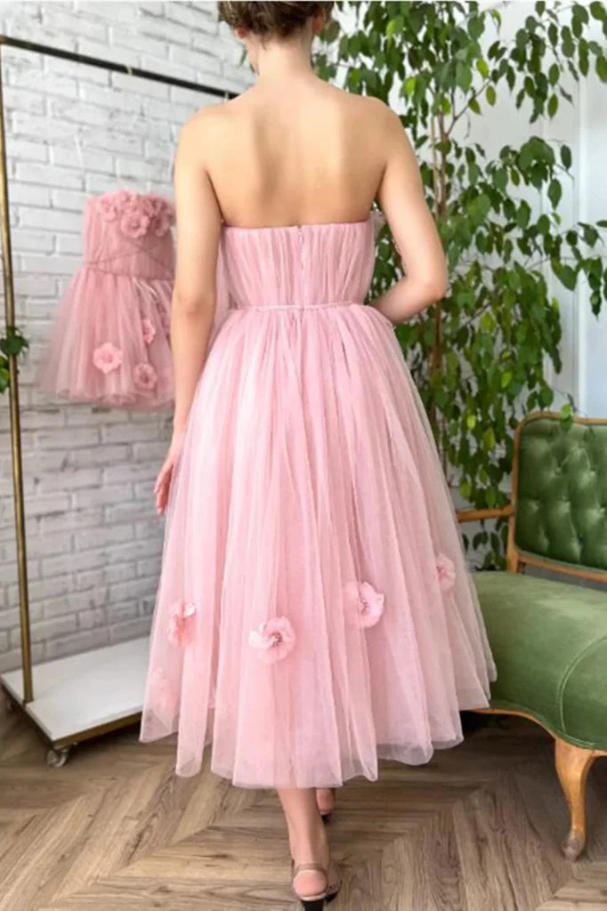 Wholesale A Line Tea Length Pink Floral Appliques Prom Dresses
