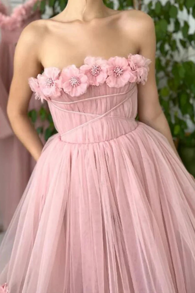 Wholesale A Line Tea Length Pink Floral Appliques Prom Dresses