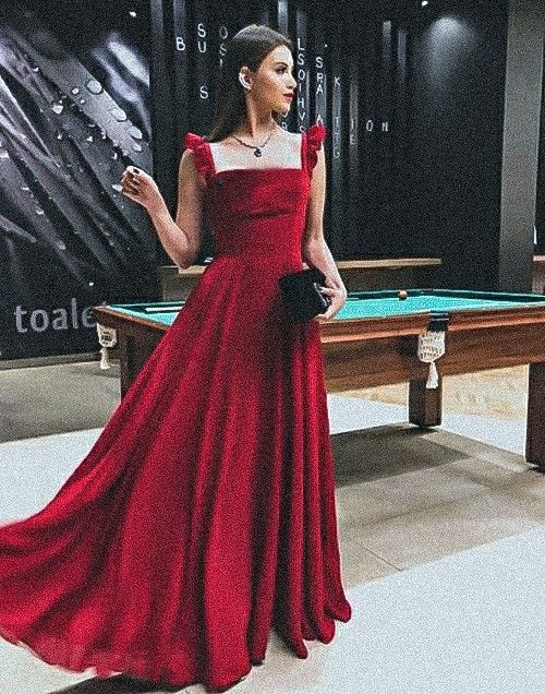 TingPo Wholesale A-line Straps Burgundy Long Prom Dresses formal wear dresses