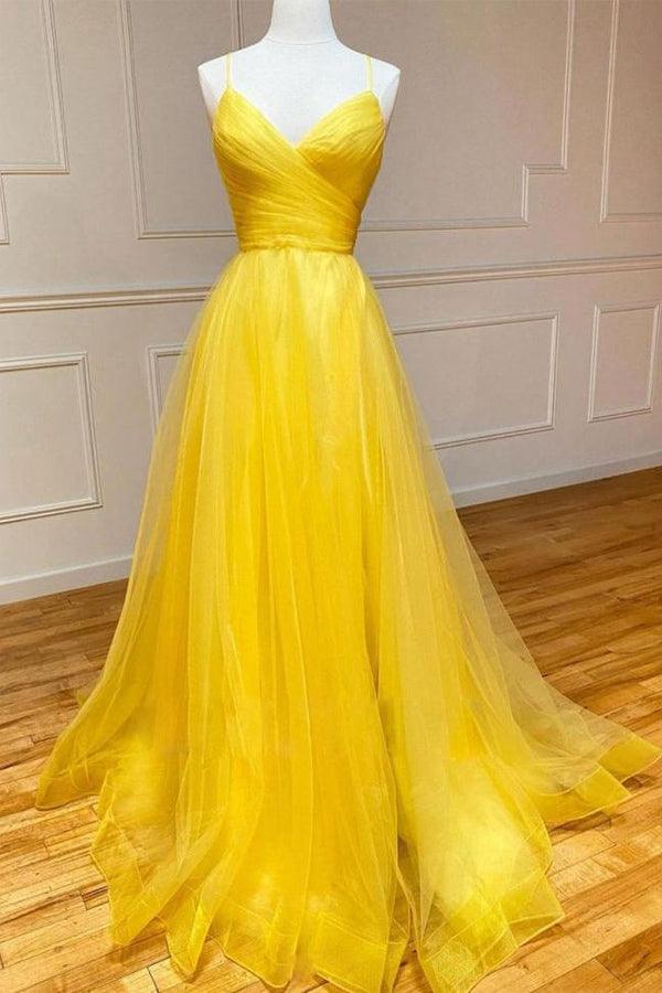 TingPo Wholesale A Line V Neck Yellow Tulle Prom Dresses Formal Dresses