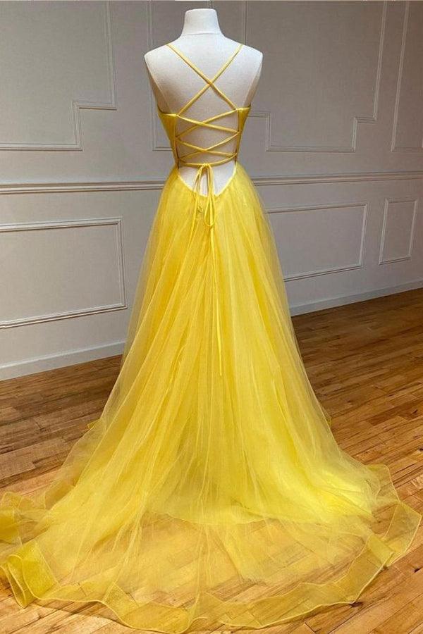 TingPo Wholesale A Line V Neck Yellow Tulle Prom Dresses Formal Dresses