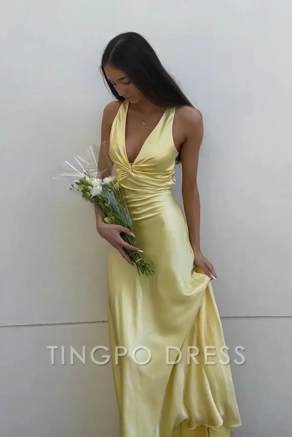 TingPo Wholesale Chic Sheath Halter Neck Yellow Long Party Dress with Backless Bowknot