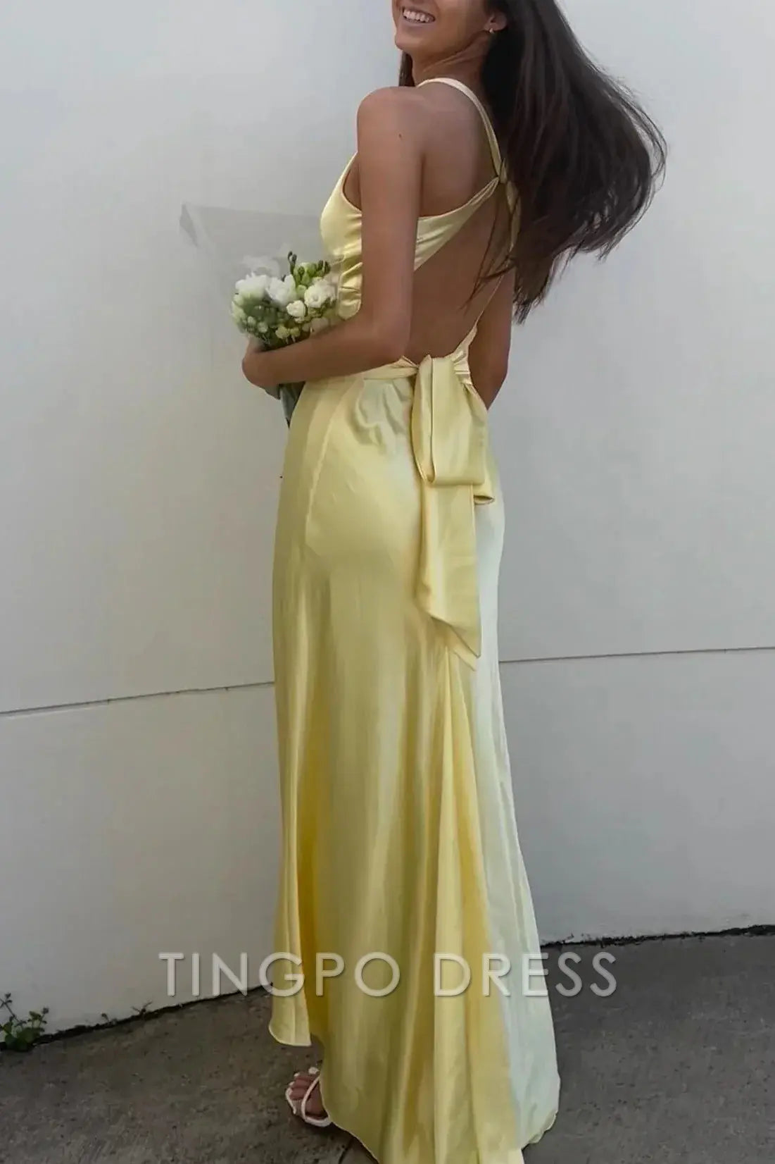 TingPo Wholesale Chic Sheath Halter Neck Yellow Long Party Dress with Backless Bowknot