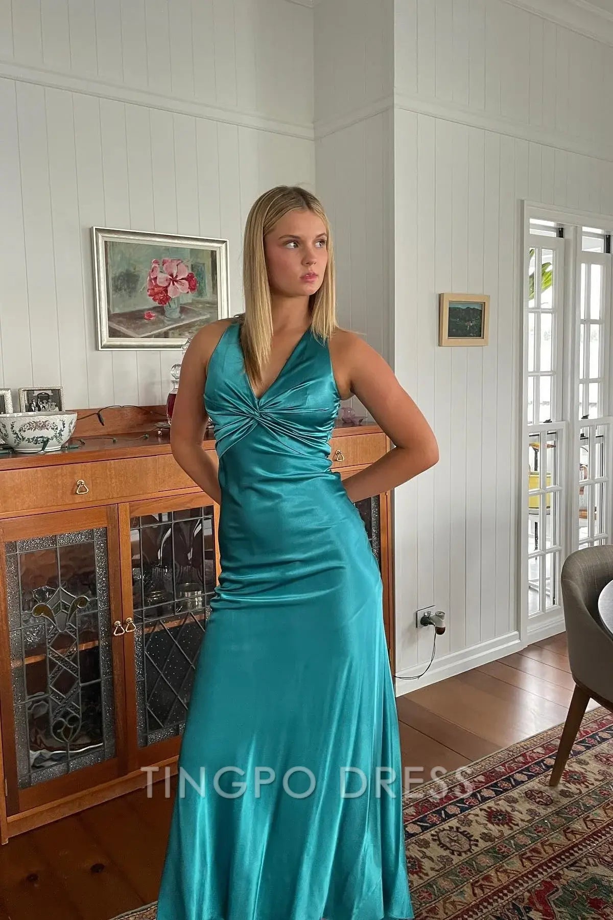 TingPo Wholesale Chic Sheath Halter Neck Yellow Long Party Dress with Backless Bowknot