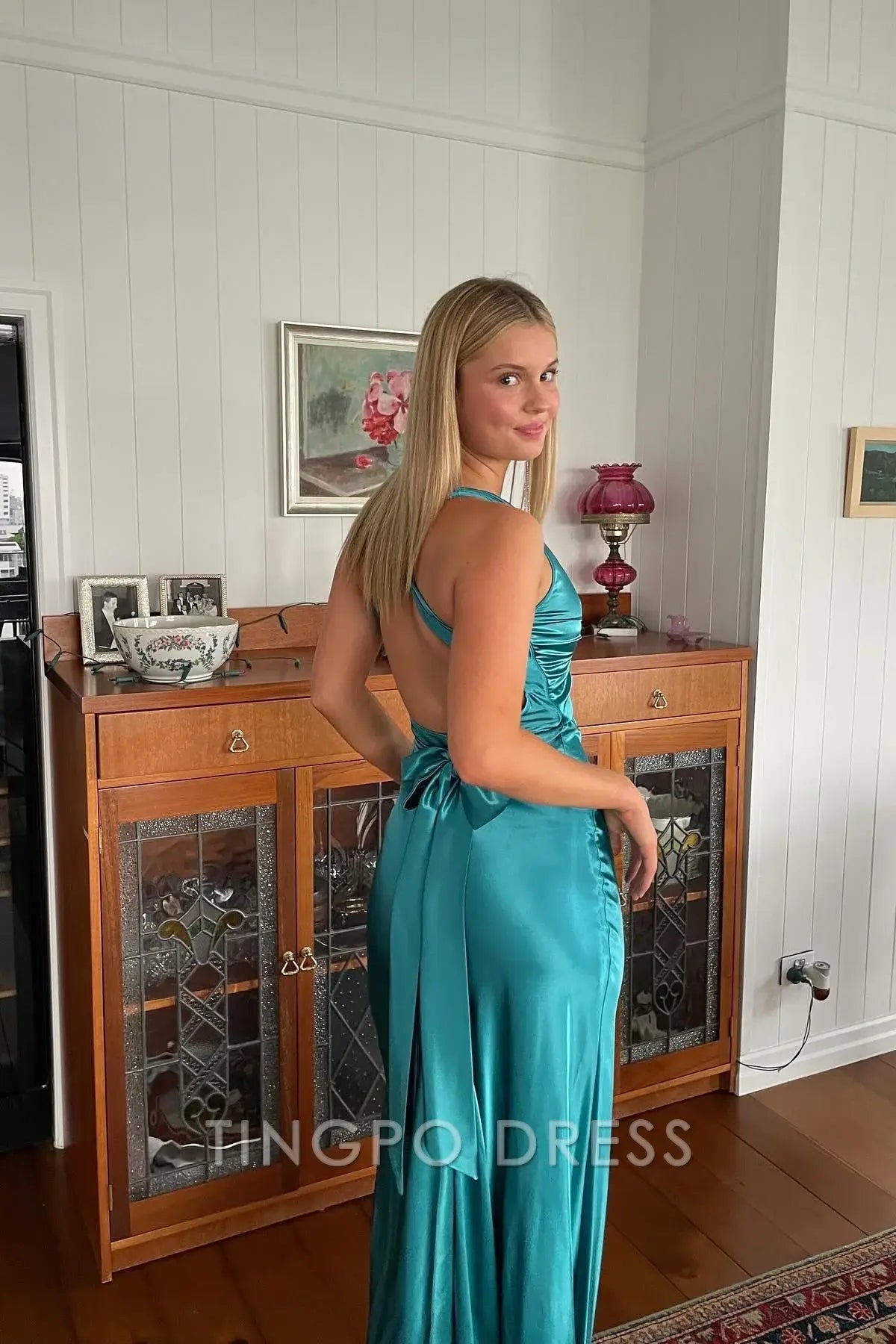 TingPo Wholesale Chic Sheath Halter Neck Yellow Long Party Dress with Backless Bowknot