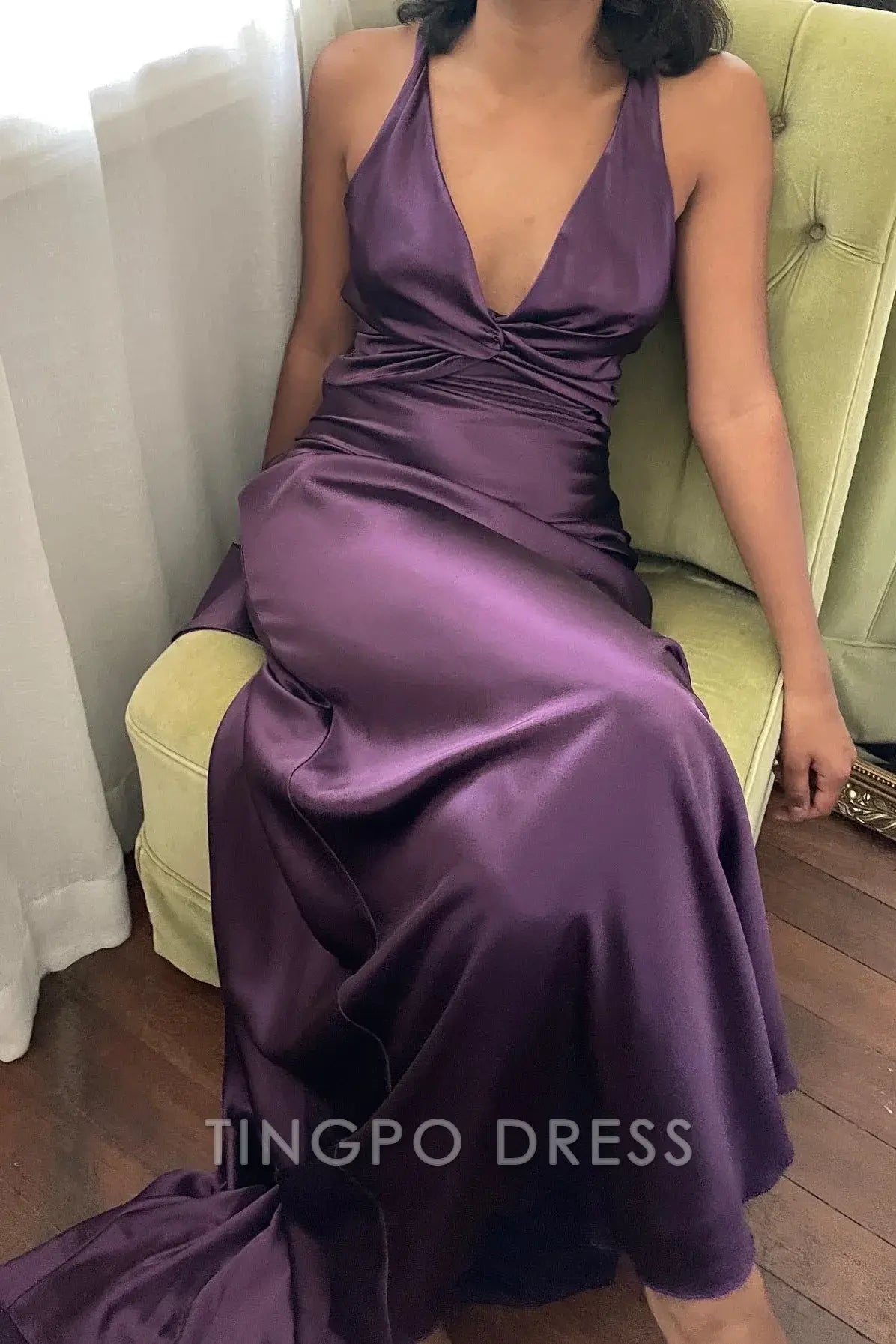 TingPo Wholesale Chic Sheath Halter Neck Yellow Long Party Dress with Backless Bowknot