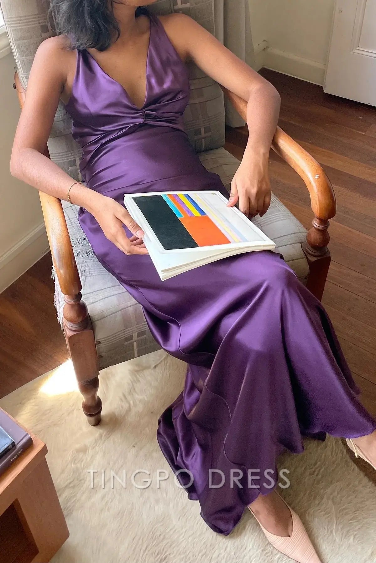 TingPo Wholesale Chic Sheath Halter Neck Yellow Long Party Dress with Backless Bowknot