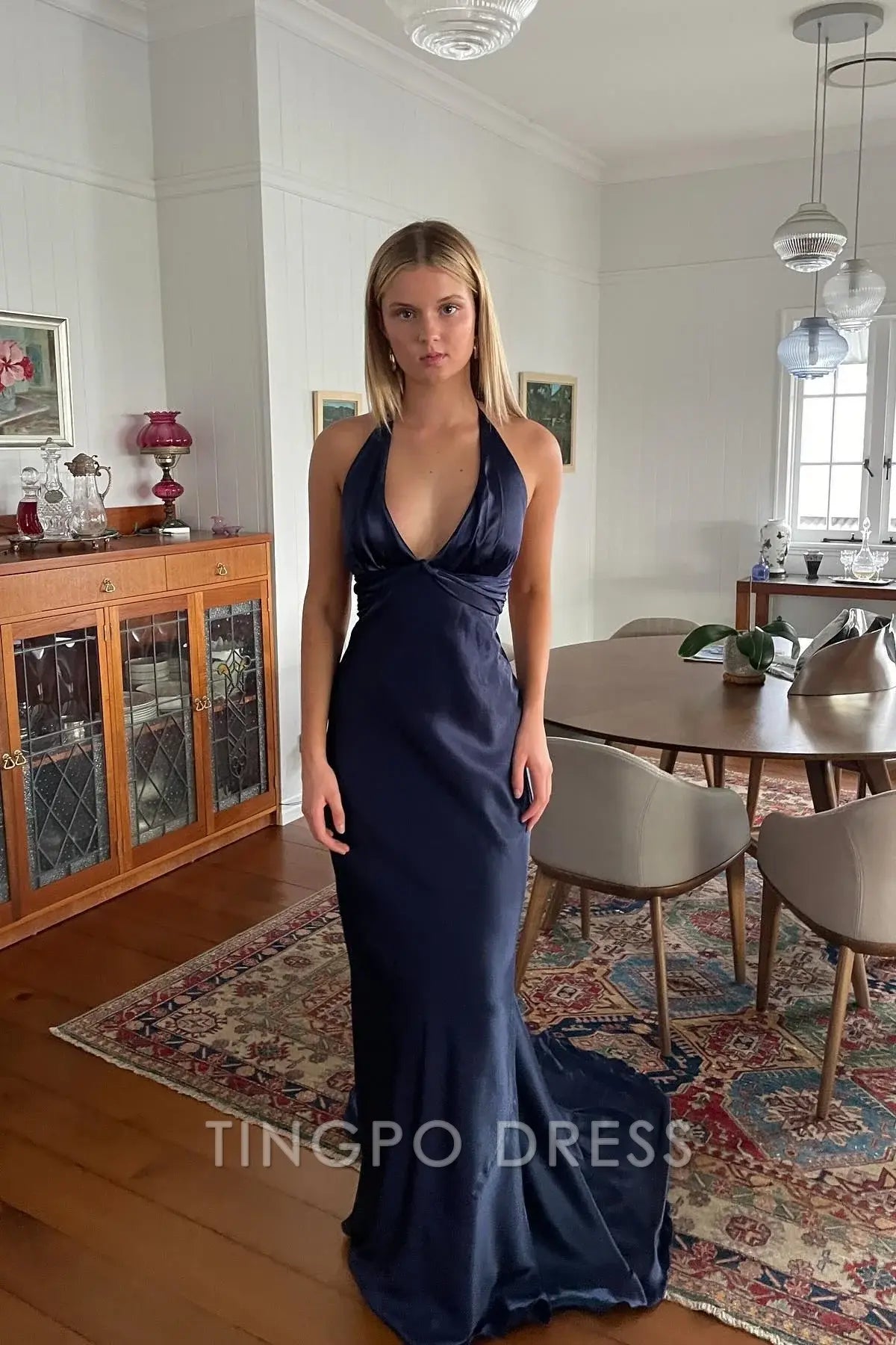 TingPo Wholesale Chic Sheath Halter Neck Yellow Long Party Dress with Backless Bowknot