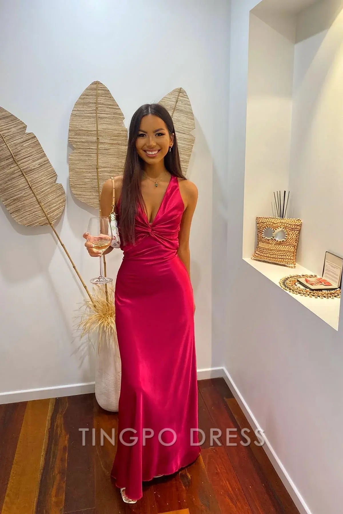 TingPo Wholesale Chic Sheath Halter Neck Yellow Long Party Dress with Backless Bowknot