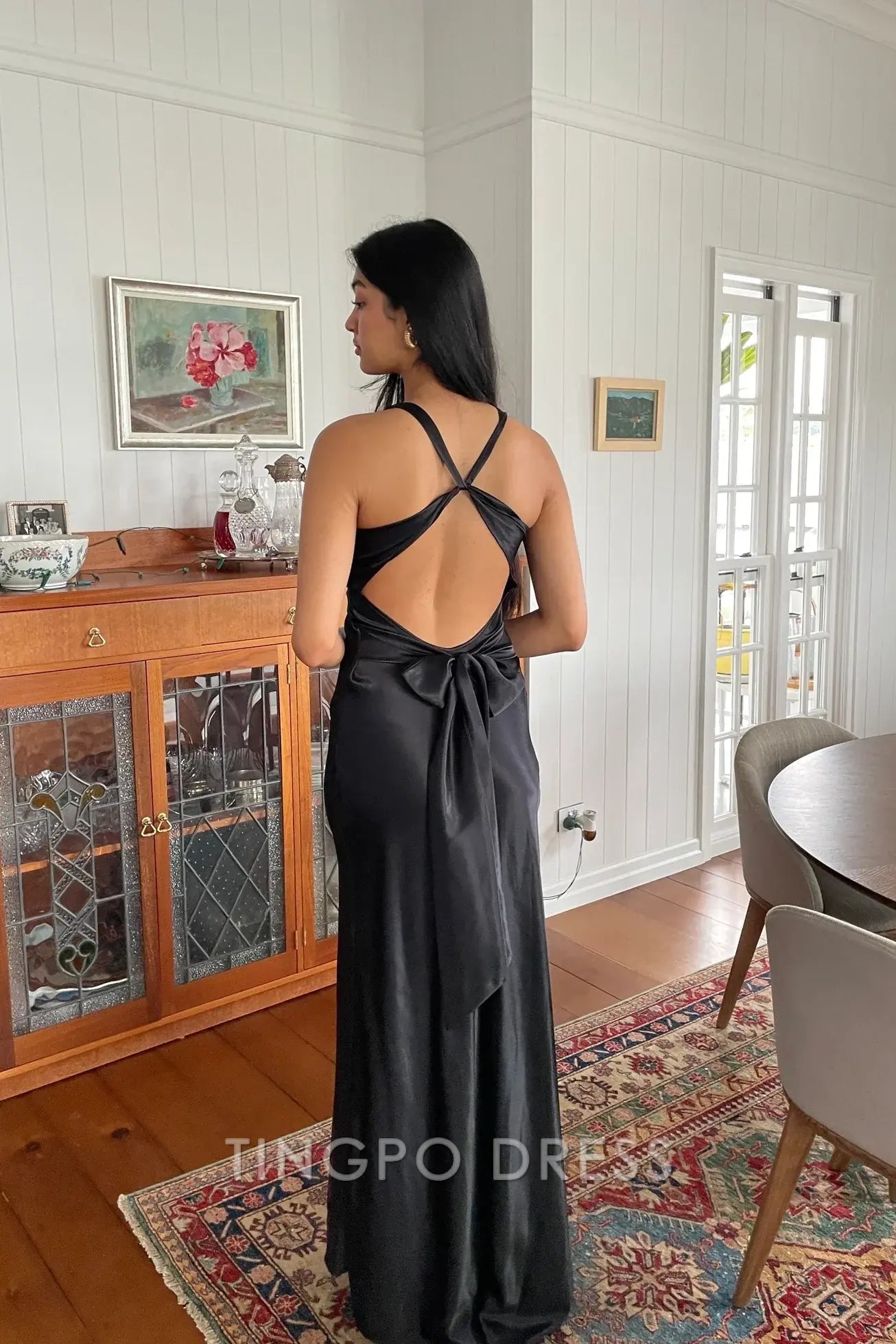 TingPo Wholesale Chic Sheath Halter Neck Yellow Long Party Dress with Backless Bowknot