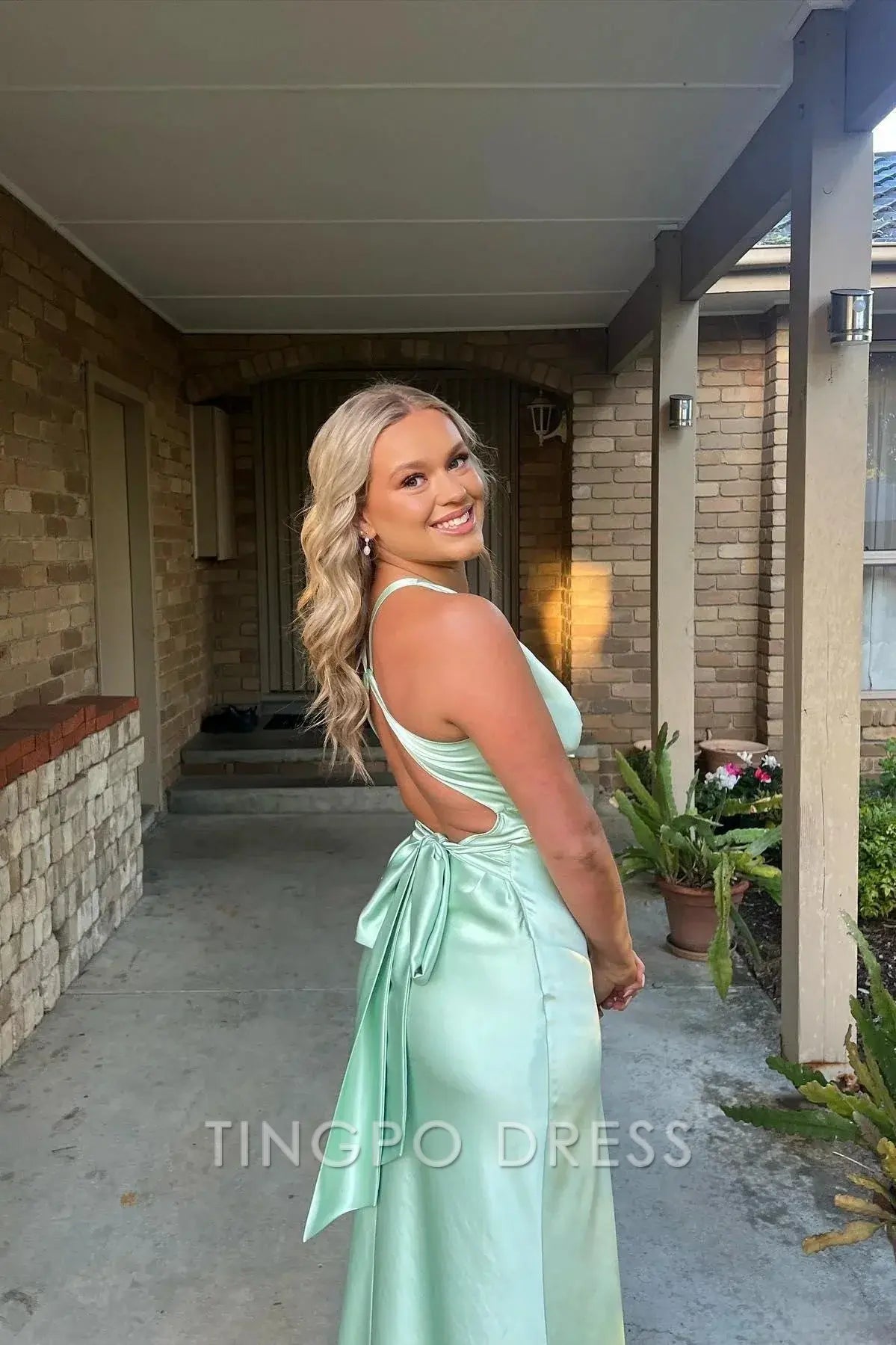 TingPo Wholesale Chic Sheath Halter Neck Yellow Long Party Dress with Backless Bowknot