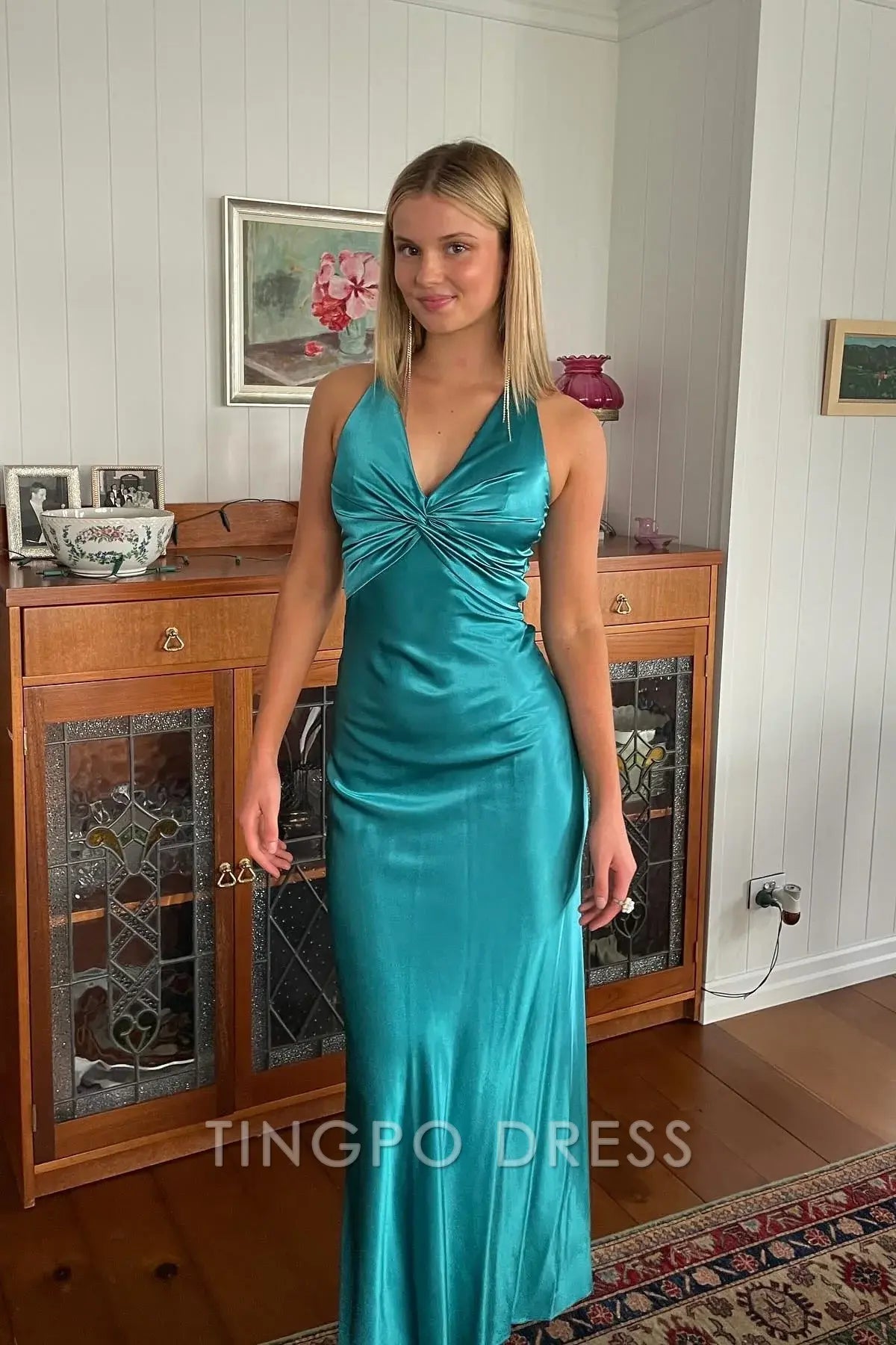 TingPo Wholesale Chic Sheath Halter Neck Yellow Long Party Dress with Backless Bowknot