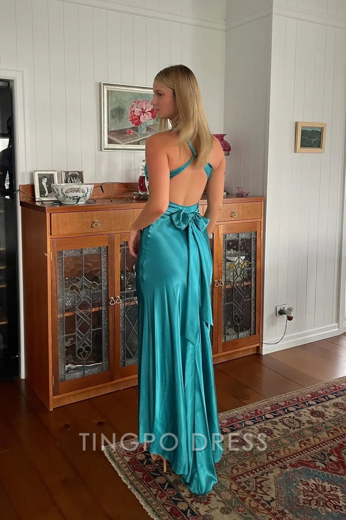 TingPo Wholesale Chic Sheath Halter Neck Yellow Long Party Dress with Backless Bowknot