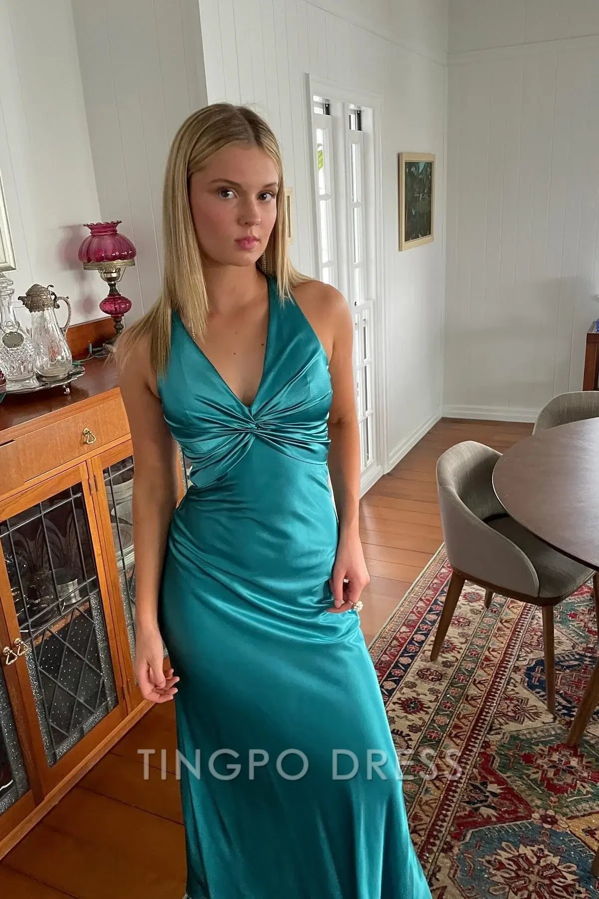 TingPo Wholesale Chic Sheath Halter Neck Yellow Long Party Dress with Backless Bowknot