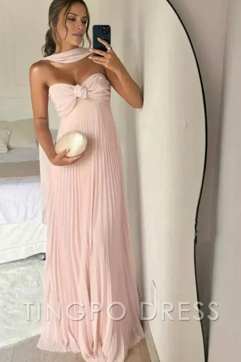 TingPo Wholesale Elegant A Line Sweetheart Pink Long Prom Dress with Ruffles