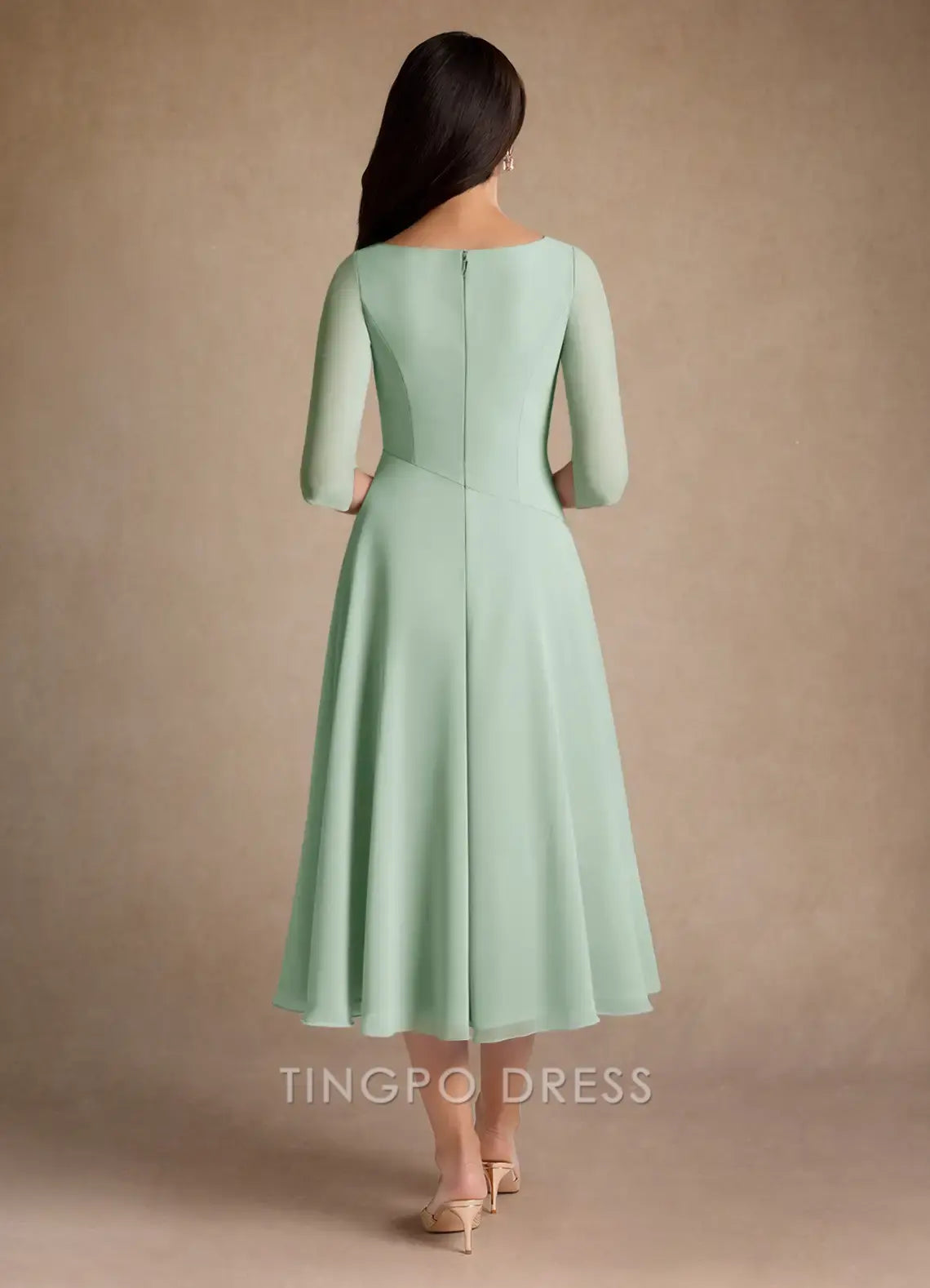 TingPo Wholesale Elegant Agave A-Line Pleated Chiffon Dress