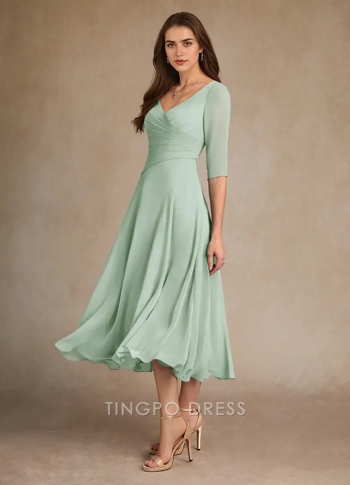 TingPo Wholesale Elegant Agave A-Line Pleated Chiffon Dress