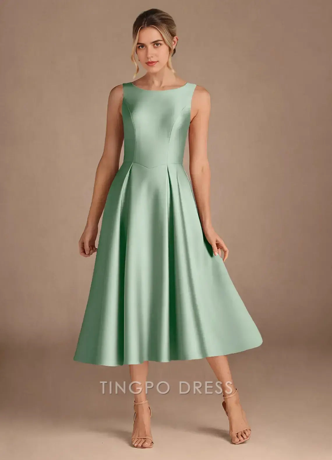 TingPo Wholesale Elegant Agave A-Line Pleated Stretch Satin Dress