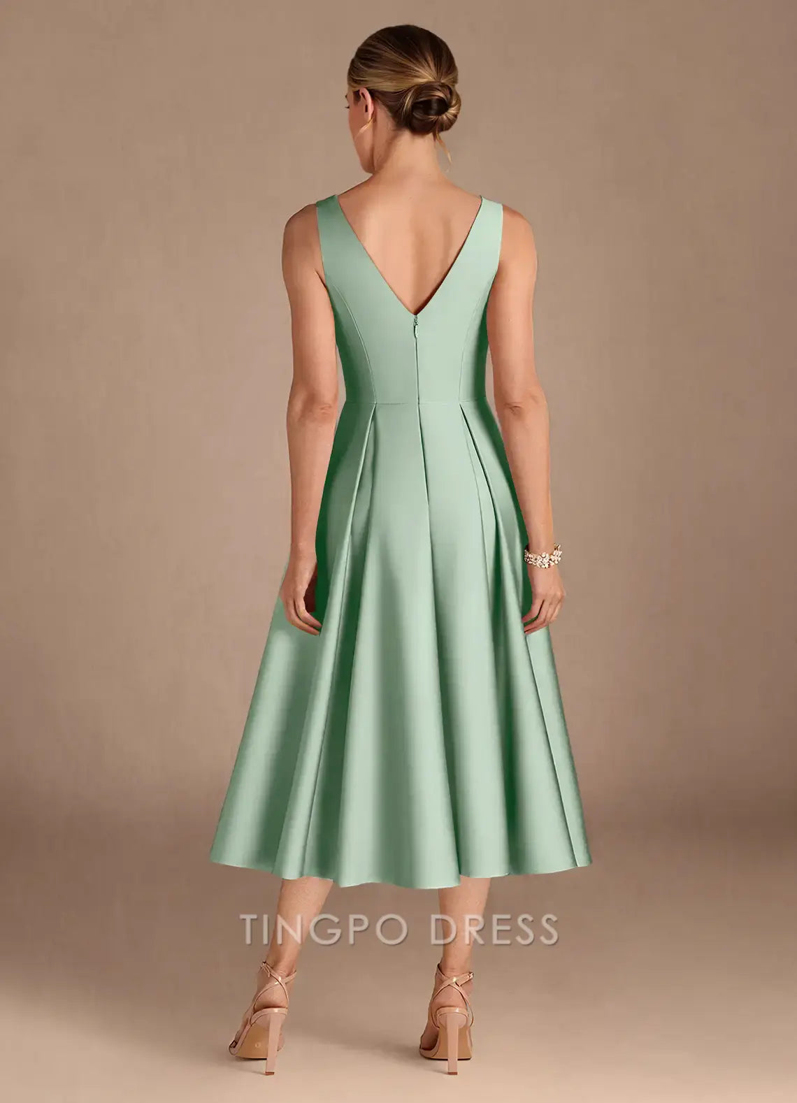 TingPo Wholesale Elegant Agave A-Line Pleated Stretch Satin Dress