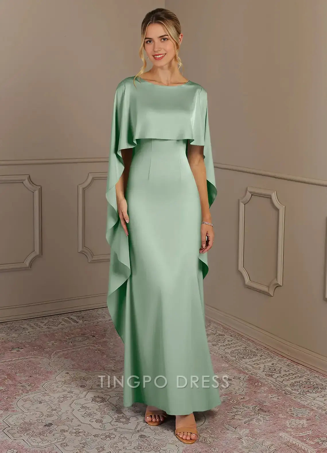 TingPo Wholesale Elegant Agave Sheath Boatneck Stretch Satin Dress