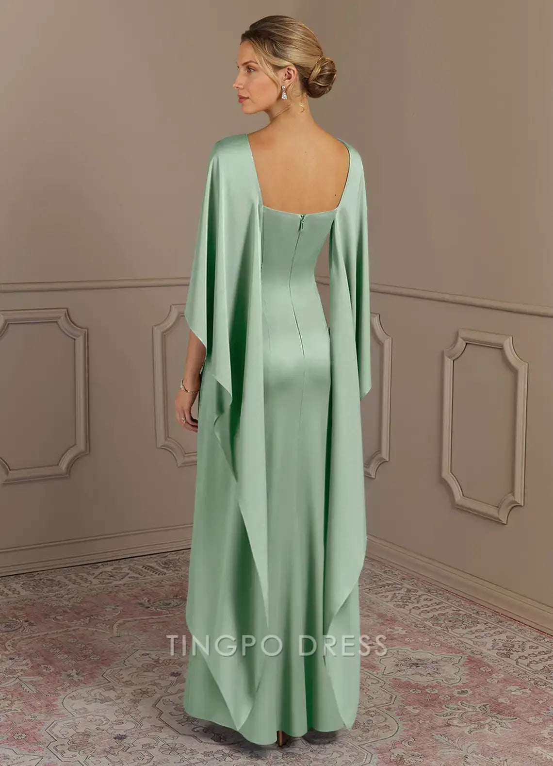 TingPo Wholesale Elegant Agave Sheath Boatneck Stretch Satin Dress