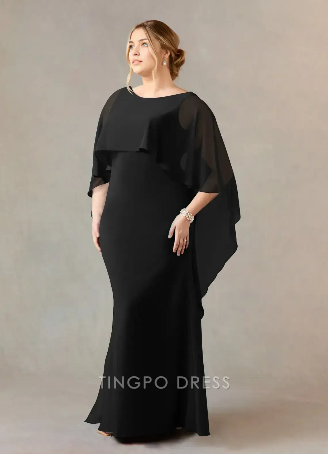 TingPo Wholesale Elegant Black Sheath Scoop Stretch Crepe Dress