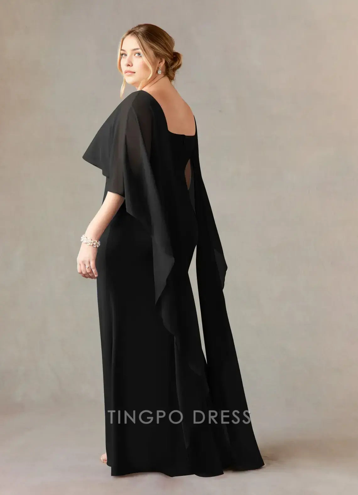 TingPo Wholesale Elegant Black Sheath Scoop Stretch Crepe Dress