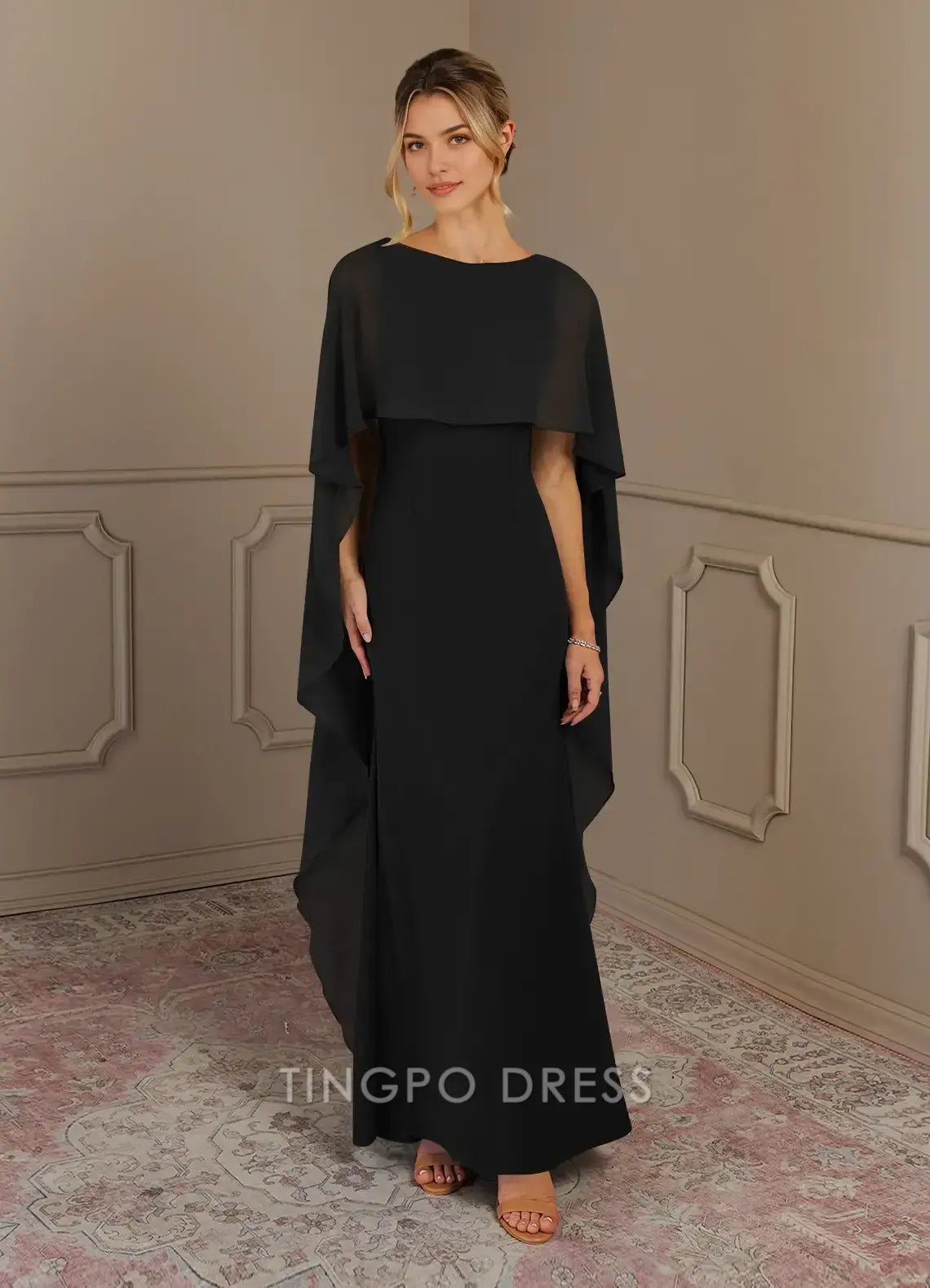 TingPo Wholesale Elegant Black Sheath Scoop Stretch Crepe Dress