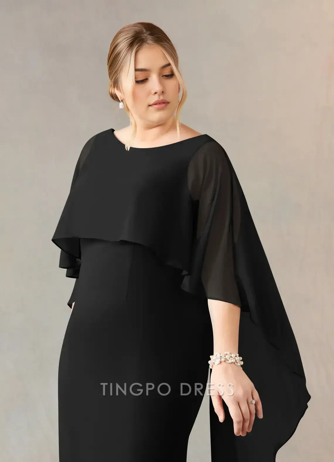 TingPo Wholesale Elegant Black Sheath Scoop Stretch Crepe Dress