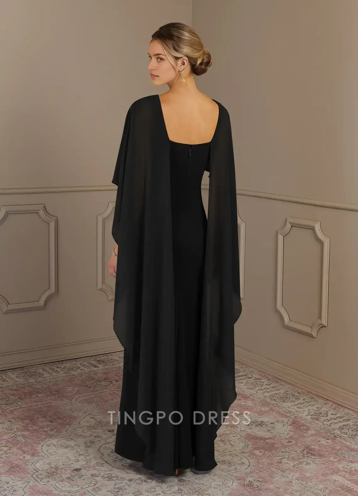 TingPo Wholesale Elegant Black Sheath Scoop Stretch Crepe Dress