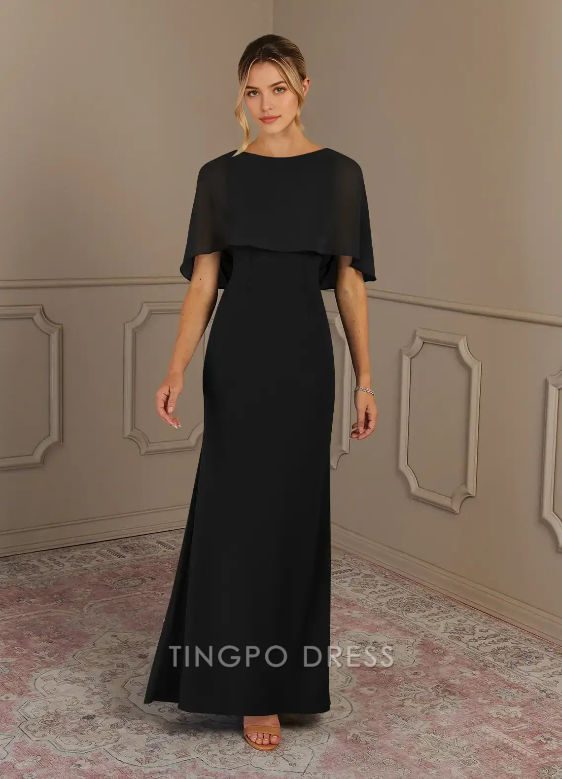 TingPo Wholesale Elegant Black Sheath Scoop Stretch Crepe Dress