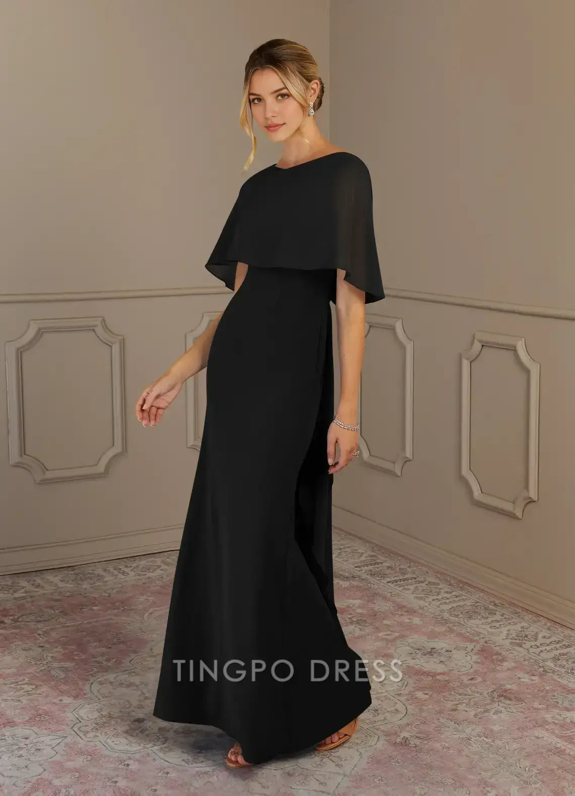 TingPo Wholesale Elegant Black Sheath Scoop Stretch Crepe Dress
