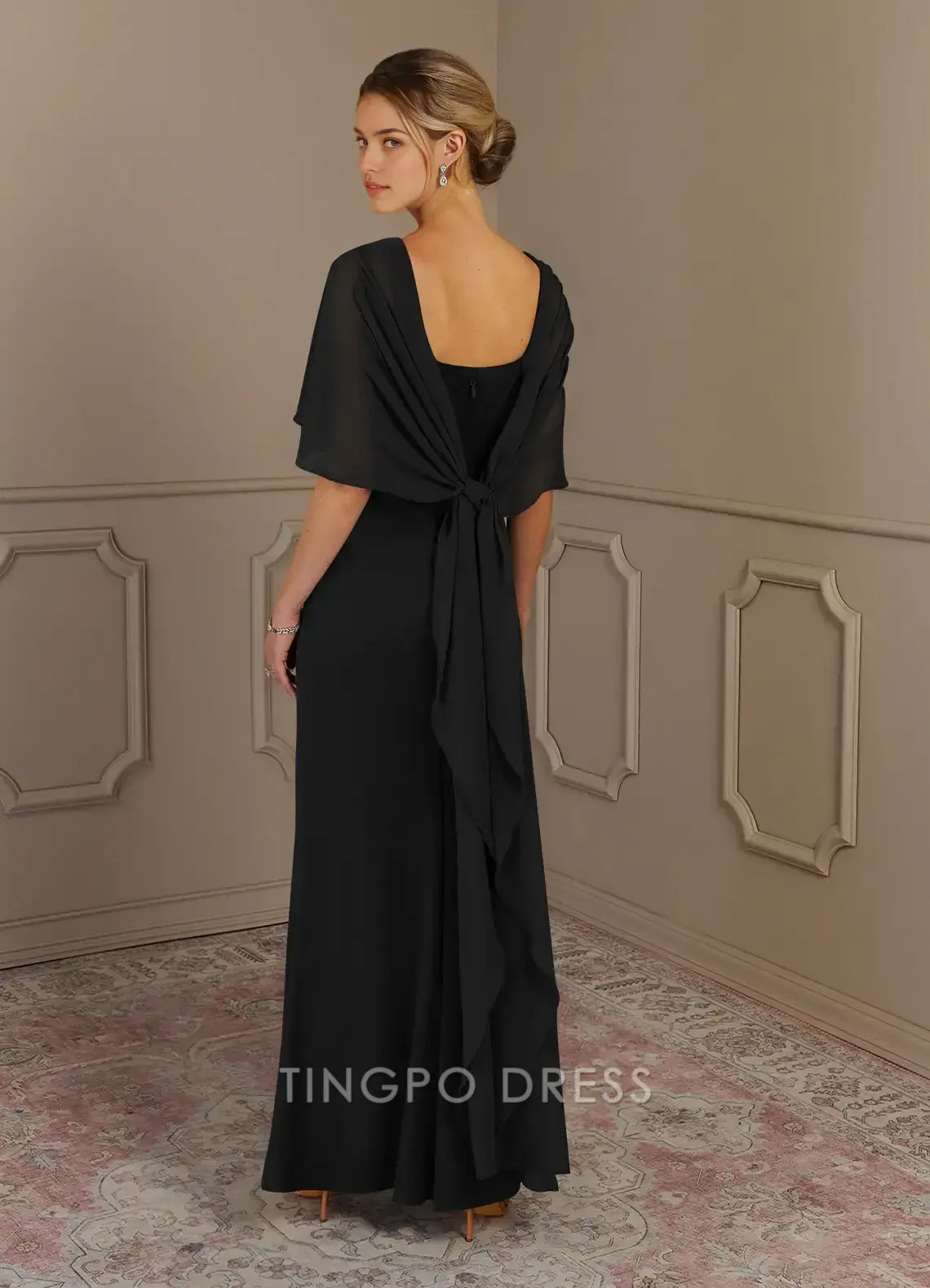 TingPo Wholesale Elegant Black Sheath Scoop Stretch Crepe Dress