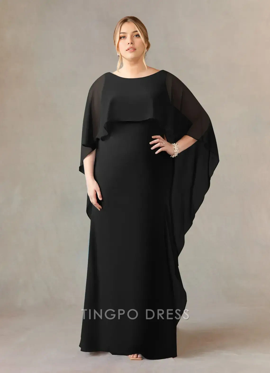 TingPo Wholesale Elegant Black Sheath Scoop Stretch Crepe Dress