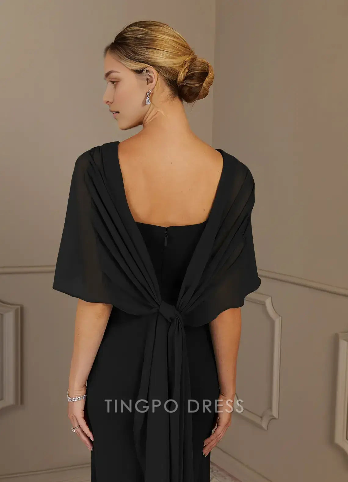 TingPo Wholesale Elegant Black Sheath Scoop Stretch Crepe Dress