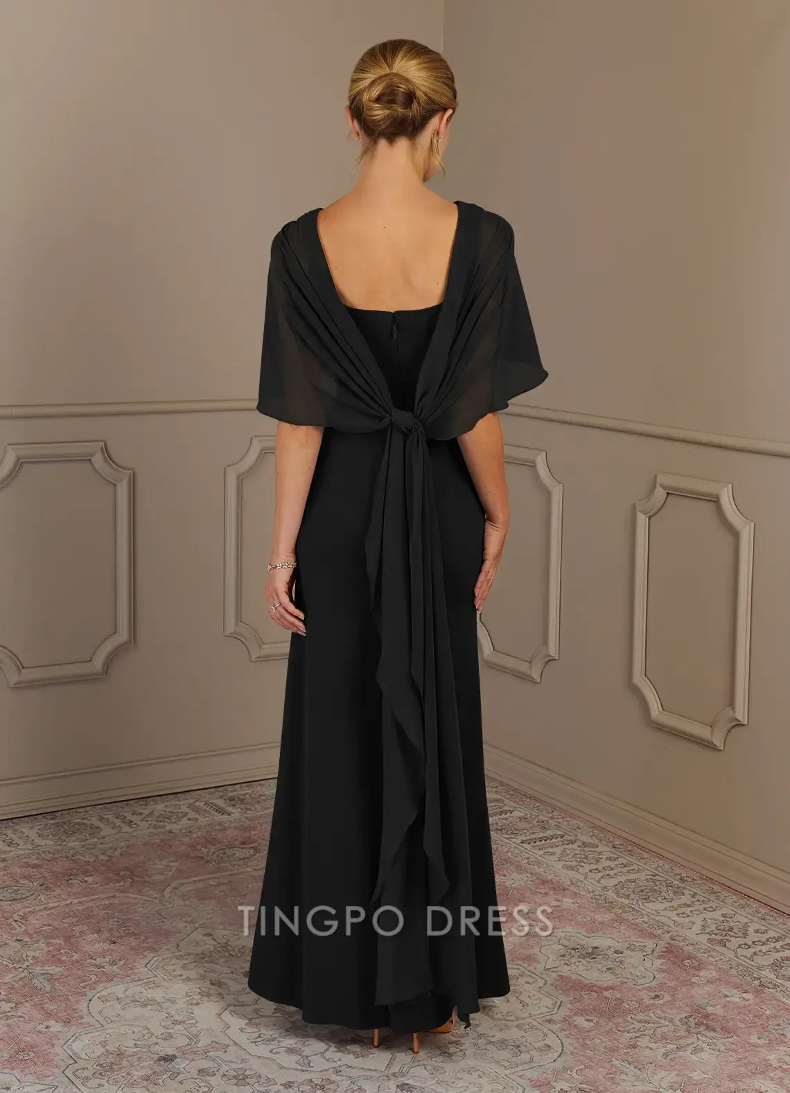 TingPo Wholesale Elegant Black Sheath Scoop Stretch Crepe Dress