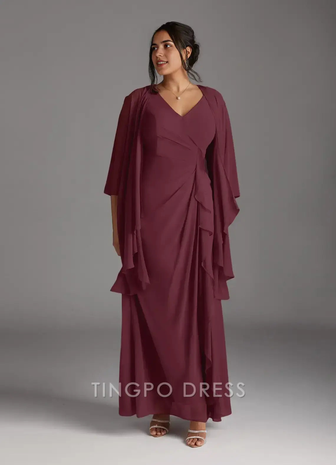 TingPo Wholesale Elegant Cabernet A-Line V-Neck Pleated Chiffon Dress