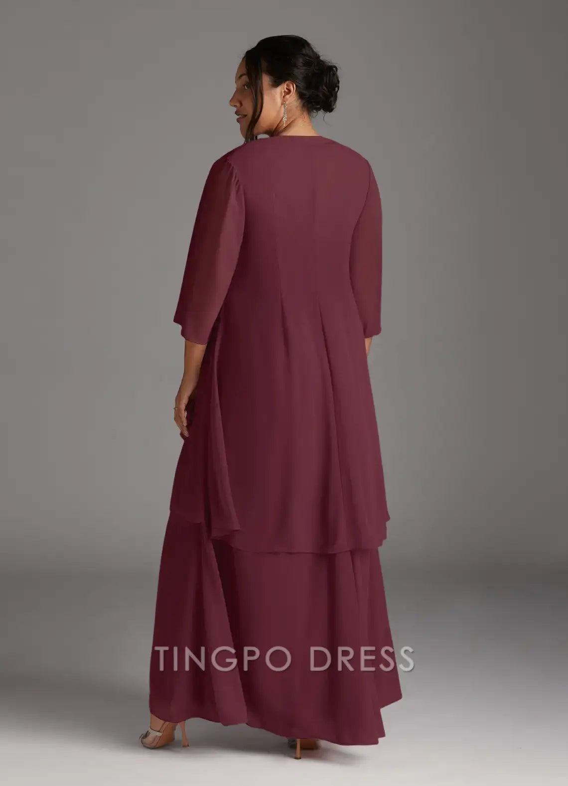 TingPo Wholesale Elegant Cabernet A-Line V-Neck Pleated Chiffon Dress